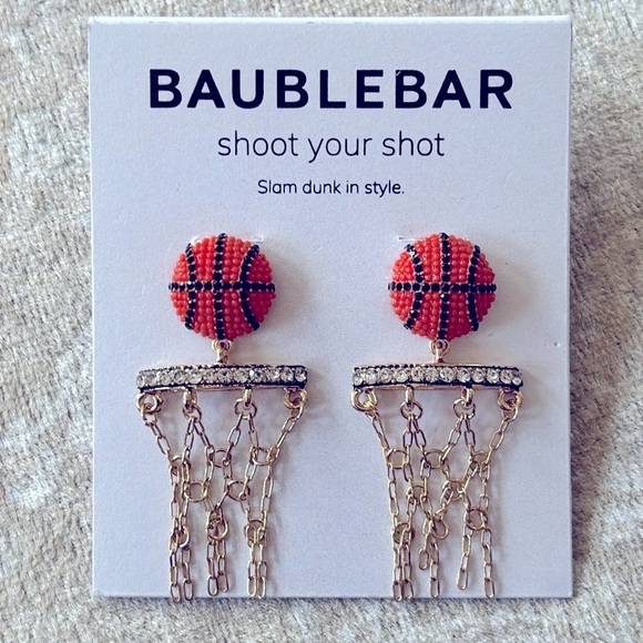 Brand New BaubleBar Basketball Drop Earrings Gold Tone Chain Net March Madness - Picture 7 of 12